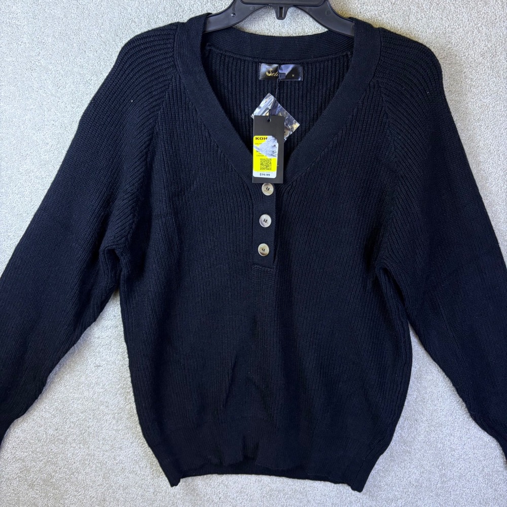 Seta‎ T Henley Sweater Womens Medium Black Ribbed Knit V-Neck Pullover NEW
